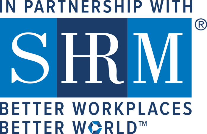 Blue and white logo with the words: In Partnership with SHRM. Better workplaces better world.